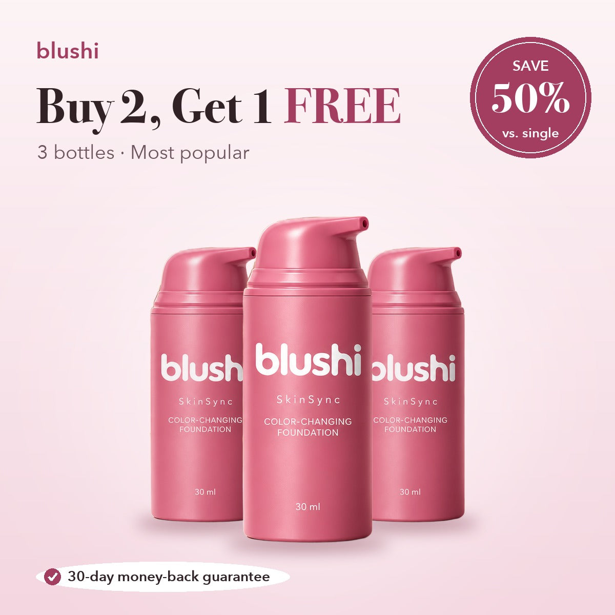 Buy 2, Get 1 FREE: three bottles of Blushi SkinSync