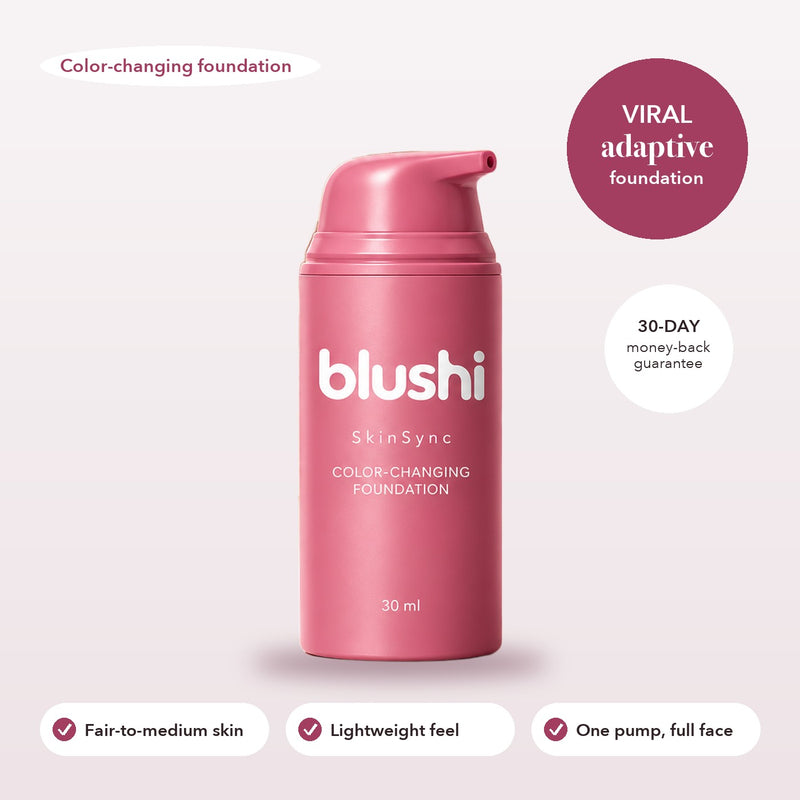 Blushi SkinSync, the viral adaptive color-changing foundation, 30 ml pump bottle