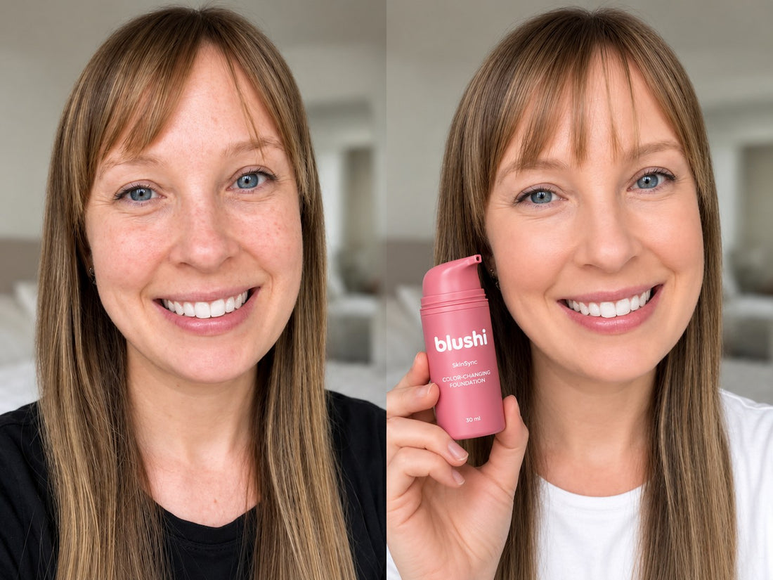 Before and after wearing Blushi SkinSync Color-Changing Foundation, look 1
