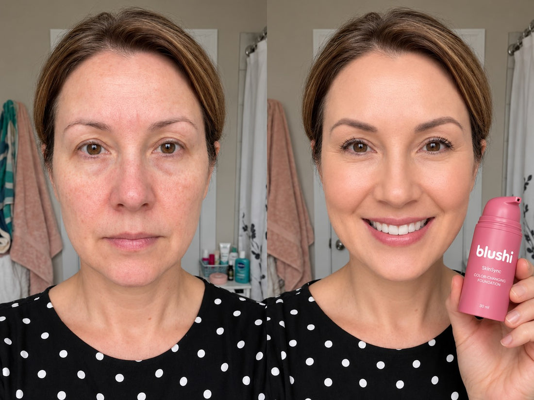 Before and after wearing Blushi SkinSync Color-Changing Foundation, look 2