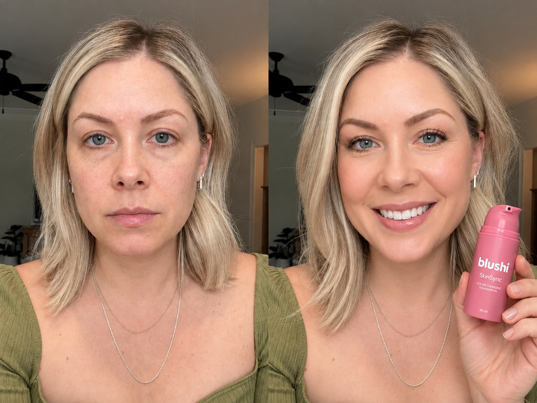 Before and after wearing Blushi SkinSync Color-Changing Foundation, look 3