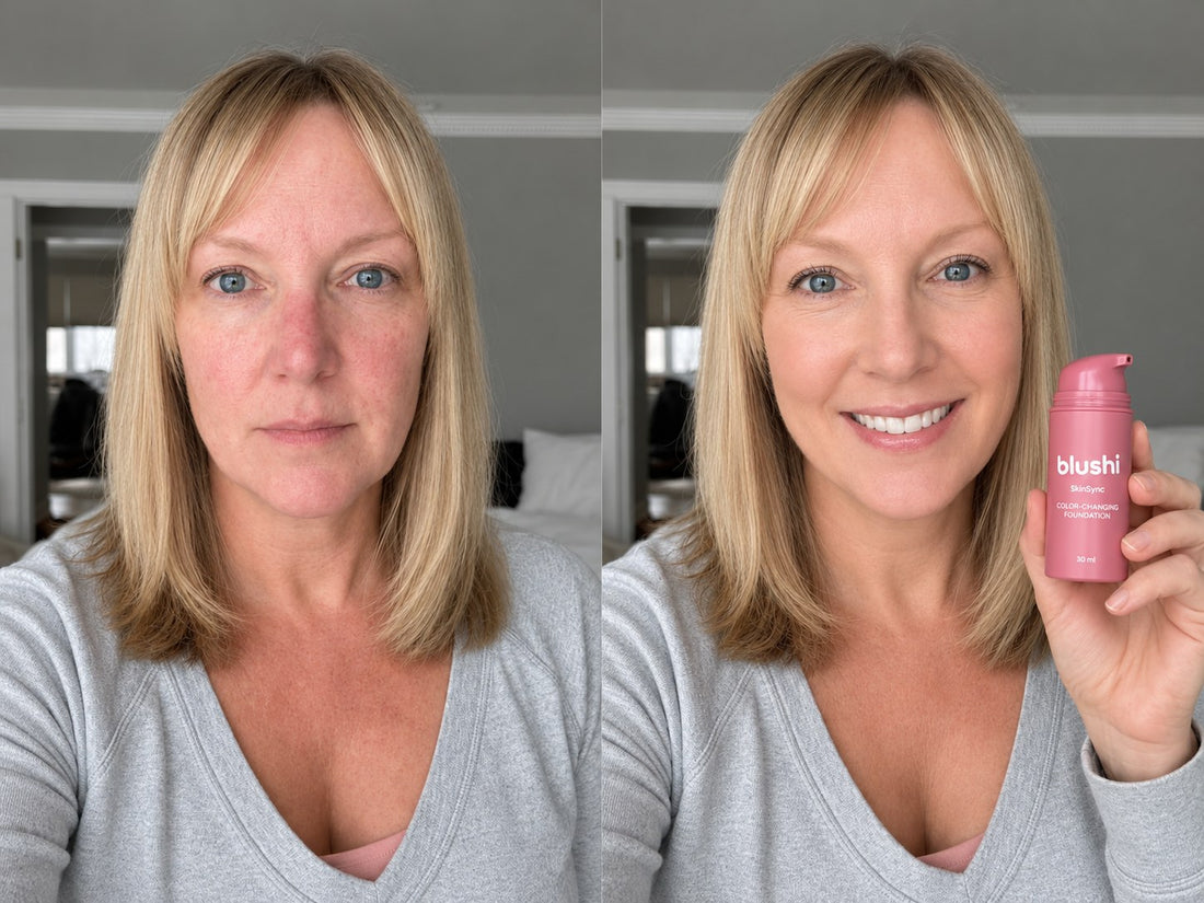 Before and after wearing Blushi SkinSync Color-Changing Foundation, look 4