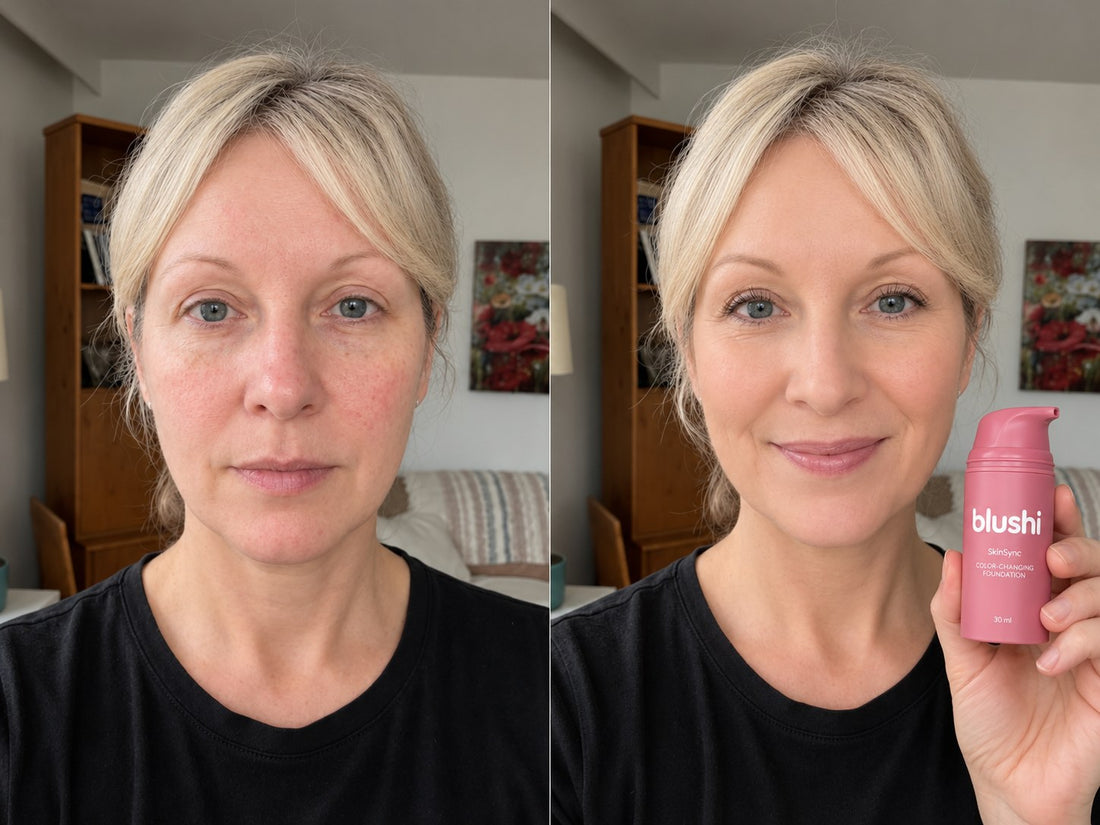 Before and after wearing Blushi SkinSync Color-Changing Foundation, look 5