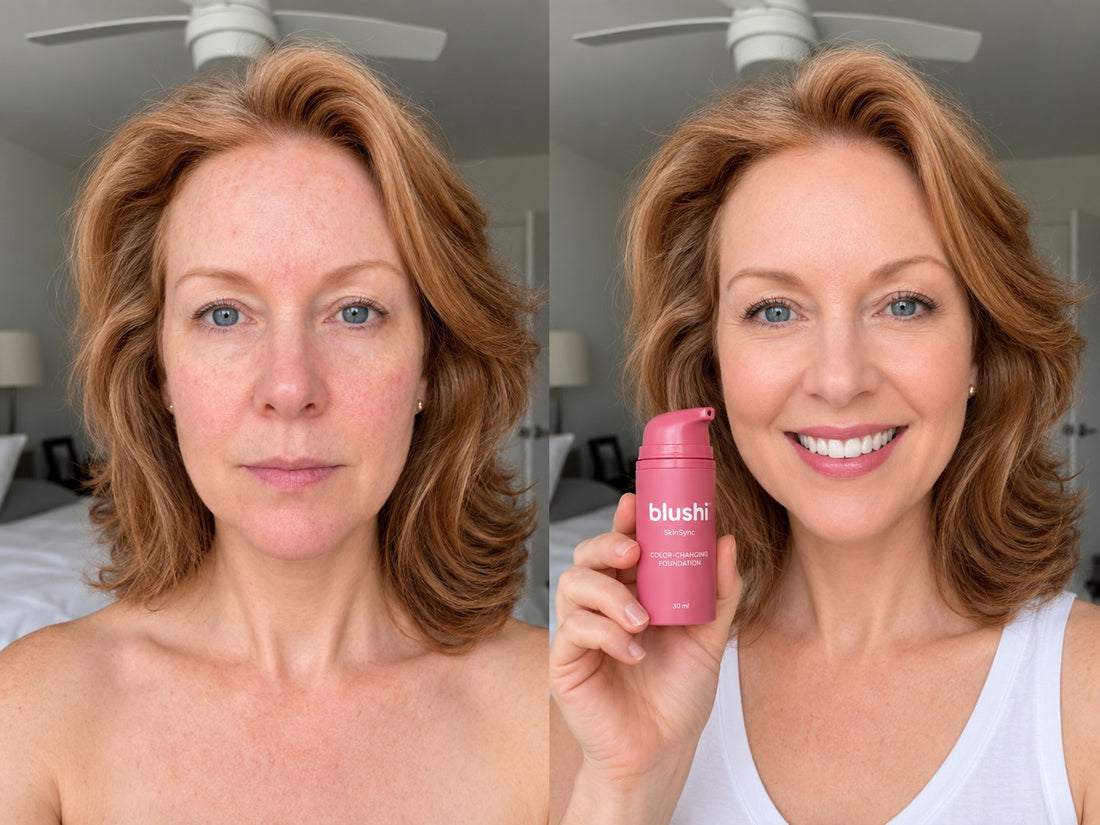 Before and after wearing Blushi SkinSync Color-Changing Foundation, look 6